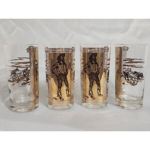 Rare MCM Charles Russell Cowboy Western 24K Gold  Highball Glass EUC Set Of 4
